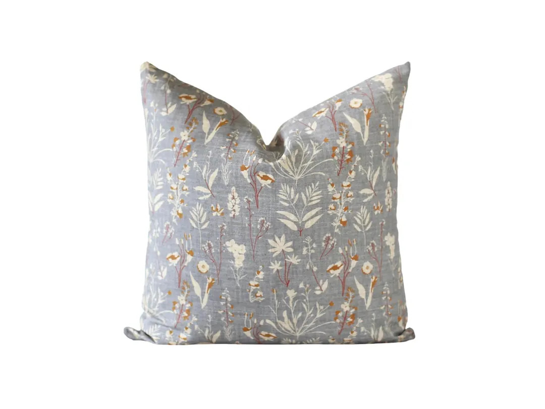 Rustic Wildflower Throw Pillow Cover: Blue Grey Cotton - Etsy | Etsy (US)
