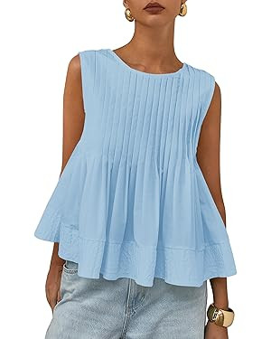 Womens Pleated Peplum Tank Top Sleeveless Babydoll Tops Ruffle Hem Crewneck Casual Blouse Shirts ... | Amazon (US)