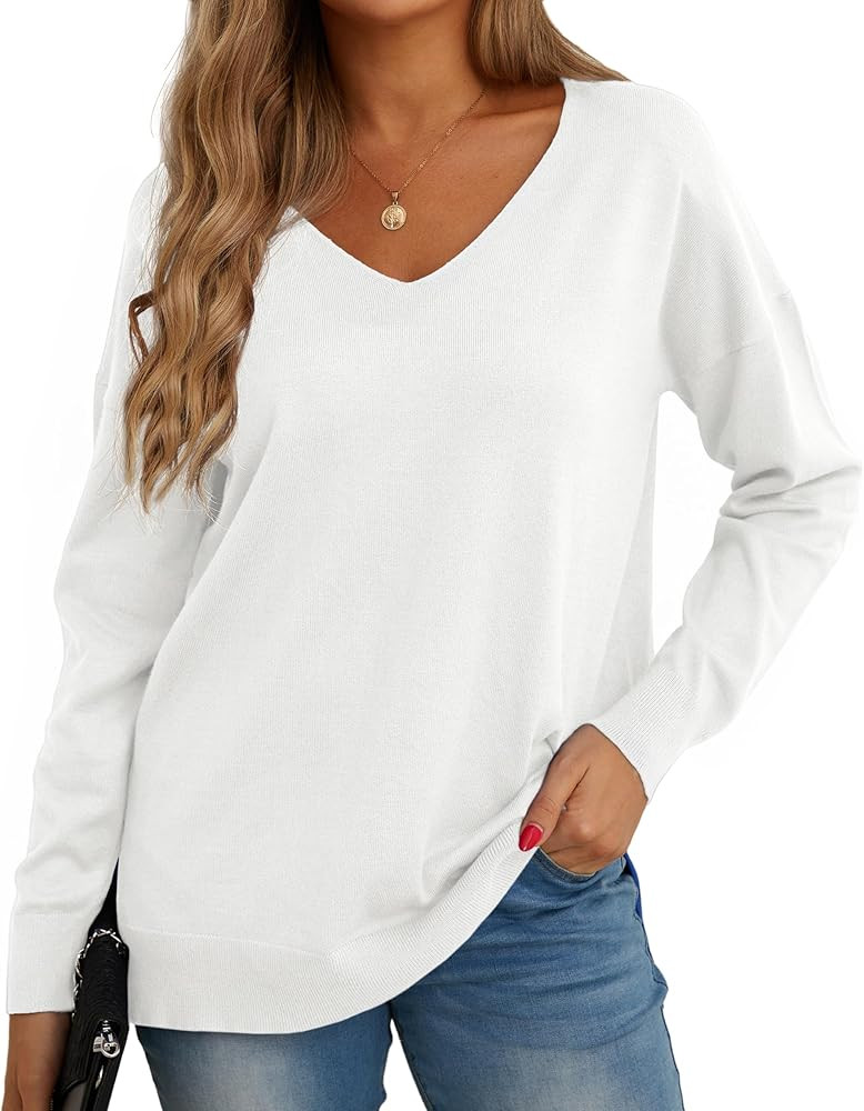 GRECERELLE Women's V-Neck Long Sleeve Side Split Loose Casual Knit Pullover Sweater Blouse | Amazon (US)