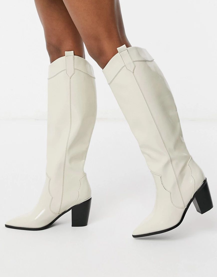 ASOS DESIGN Catch Up western pull on knee boots in off white | ASOS (Global)