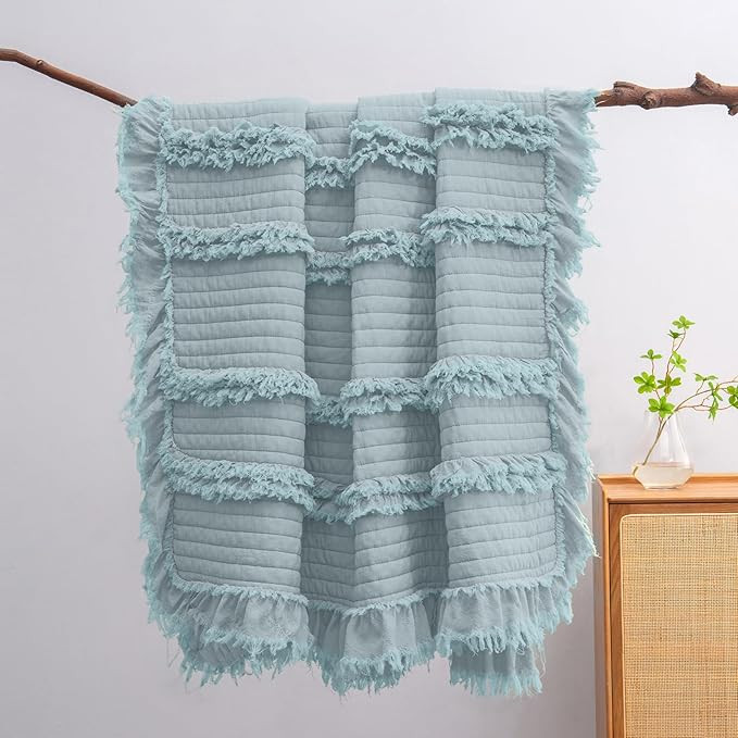 Ultra Soft Pre-Washed Warm Quilted Throw Blanket, Ruffle Fringed Blue Green Boho Decorative Throw... | Amazon (US)