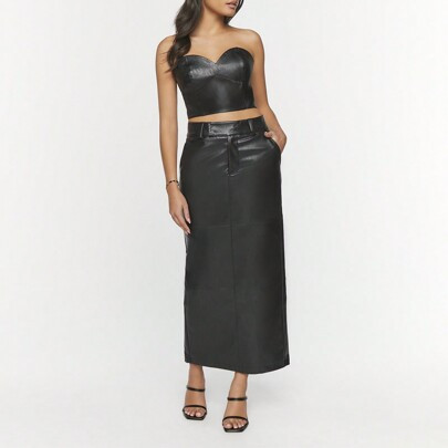 Faux Leather Slit Midi Skirt | SHEIN