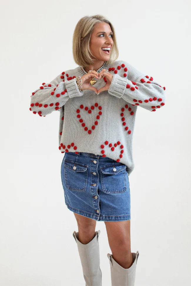 Adore You Grey and Red Oversized Heart Pom Sweater Kalee Rogers X Pink | Pink Lily