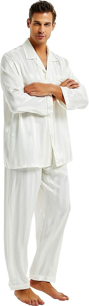 Lonxu Pajamas Set Mens Silk Satin Pajamas Long Sleeve Loungewear Two-Piece Sleepwear Button-Down ... | Amazon (US)