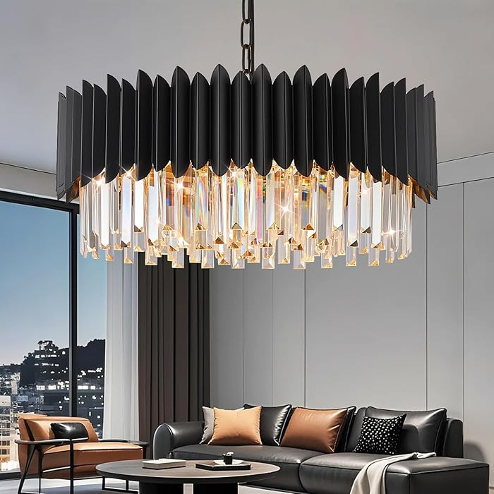 Modern 23.62" Black Crystal Chandelier Dimmable 8-Lights 3 Tiers Round Chandeliers K9 Crystal Cei... | Amazon (US)