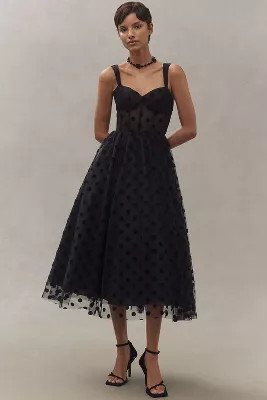 Mac Duggal Polka Dot Tulle Sweetheart Bustier A-Line Midi Dress | Anthropologie (US)