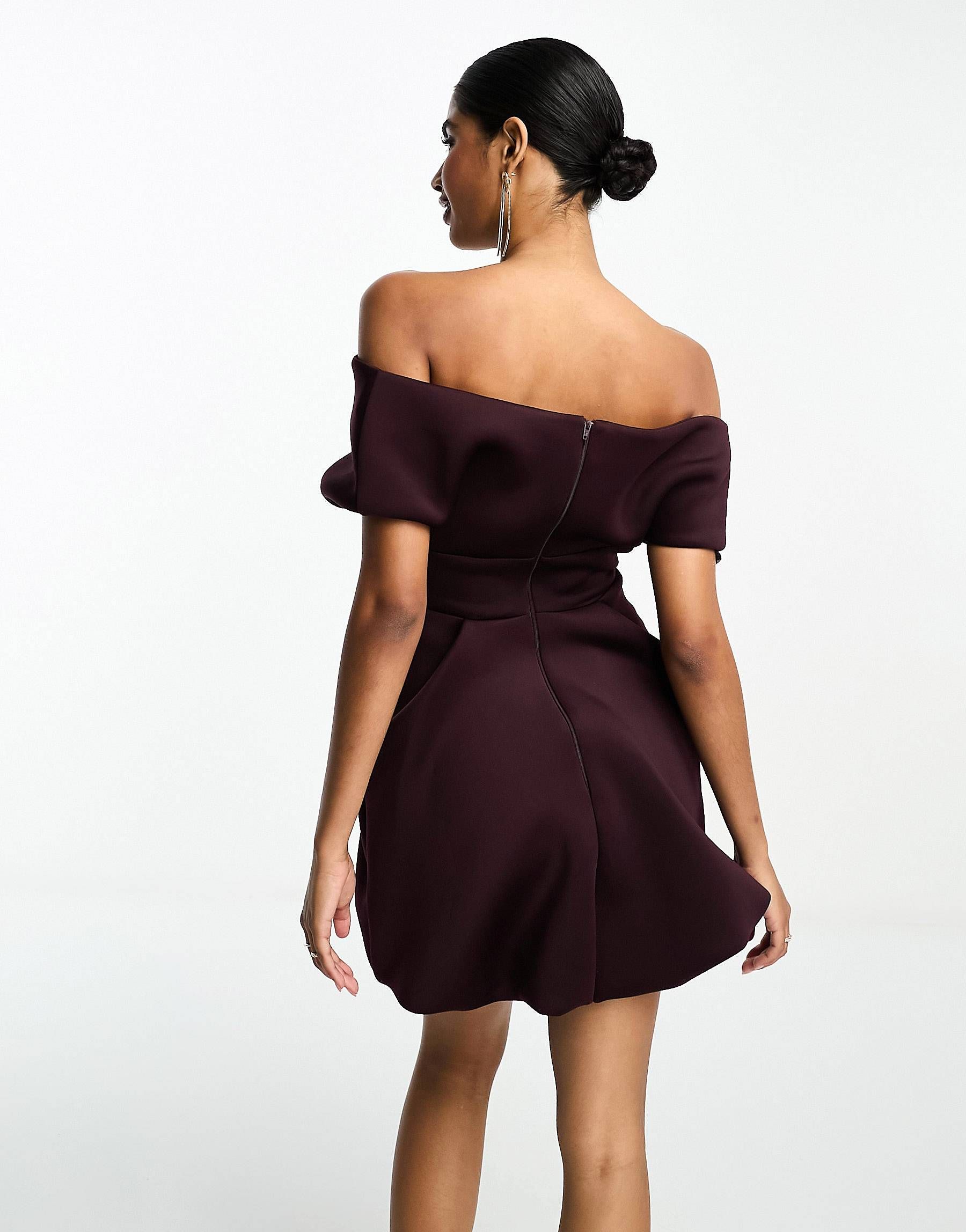 ASOS DESIGN off-shoulder bubble mini dress in aubergine | ASOS (Global)