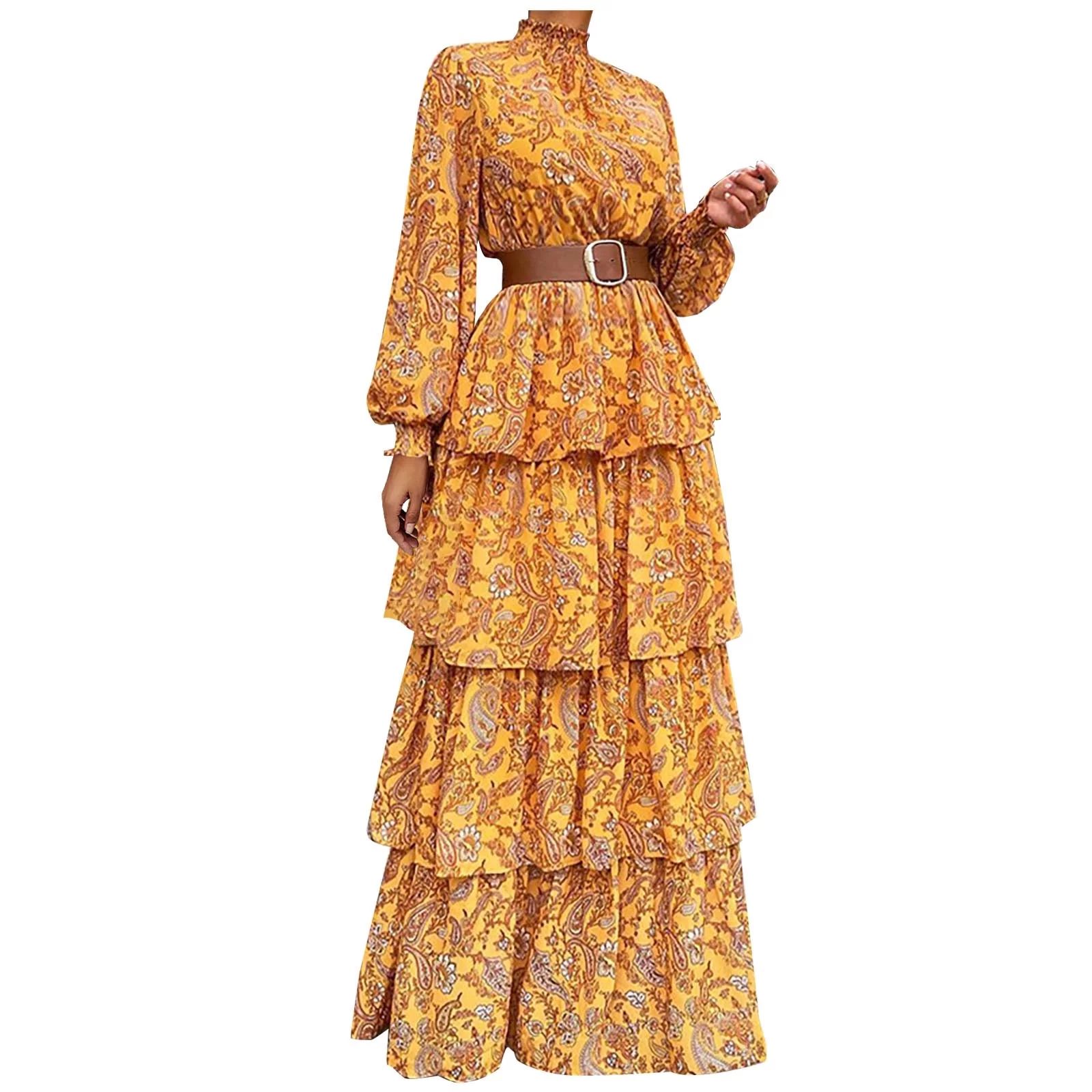 Maxi Dress for Women Turtleneck Floral Printed Boho Ruffle Layered Dress Casual Flowy Long Sleeve... | Walmart (US)