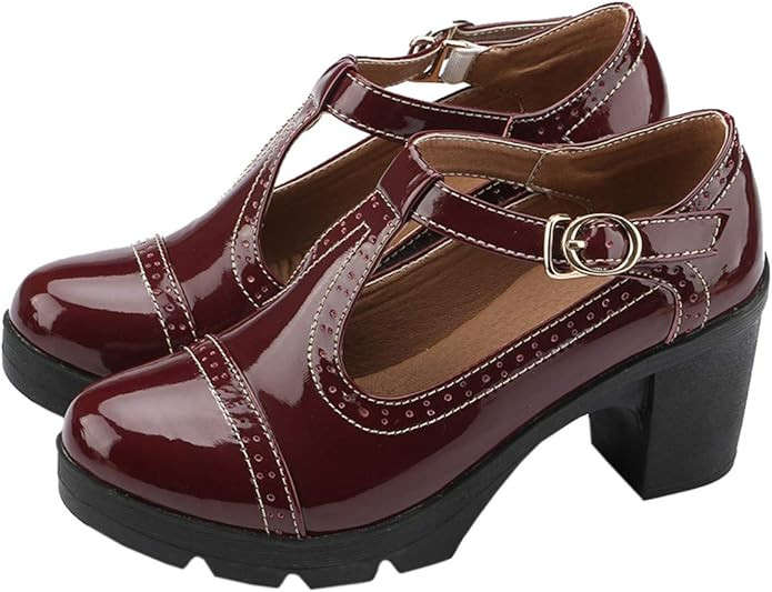DADAWEN Women's Classic T-Strap Platform Mid-Heel Square Toe Oxfords Dress Shoes | Amazon (US)