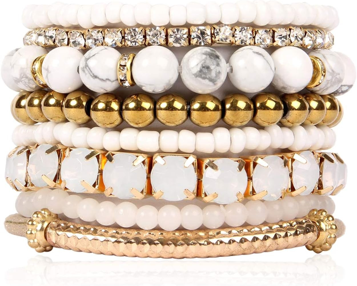 Multi Color Stretch Beaded Stackable Bracelets - Layering Bead Strand Statement Bangles | Amazon (US)