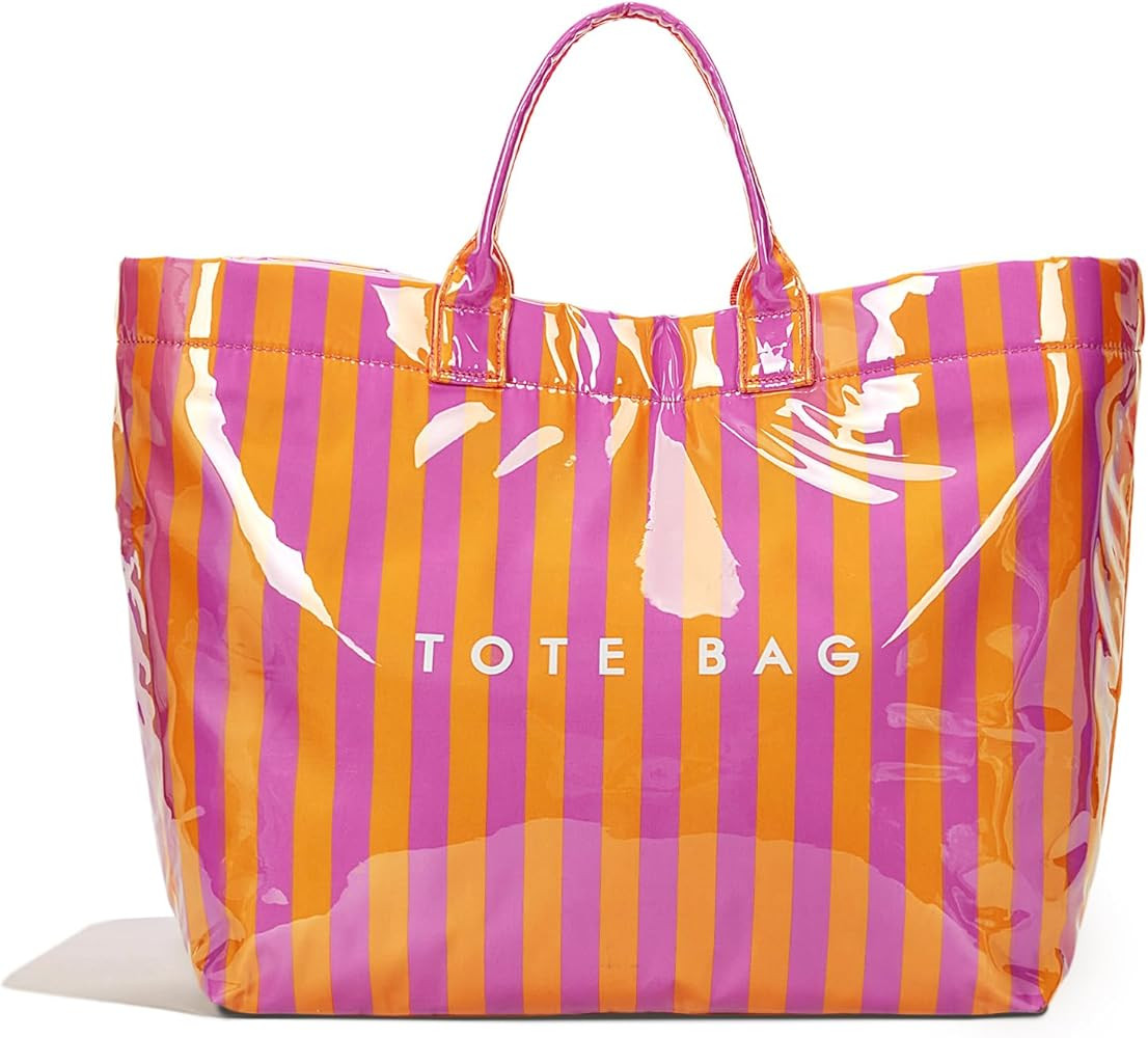 Lushandy Striped PVC Tote Bag for Women, Waterproof Plastic Tote Bag for Beach Pool Large Top Han... | Amazon (US)