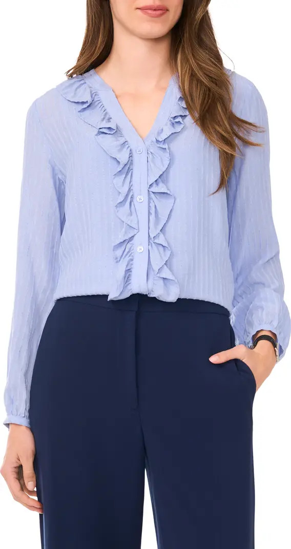 Halogen® Ruffle Placket Stripe Button-Up Shirt | Nordstrom | Nordstrom