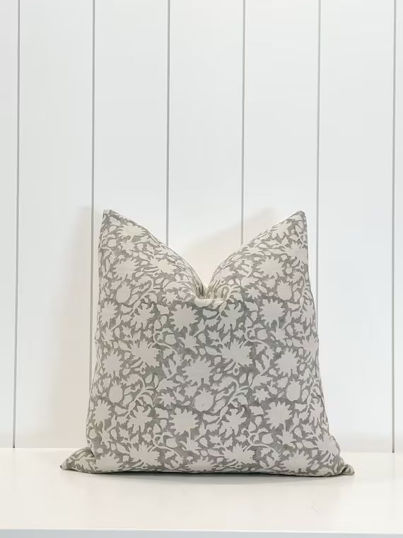 GREER  Beautiful Grey and Beige Hand-blocked Floral Pillow - Etsy | Etsy (US)