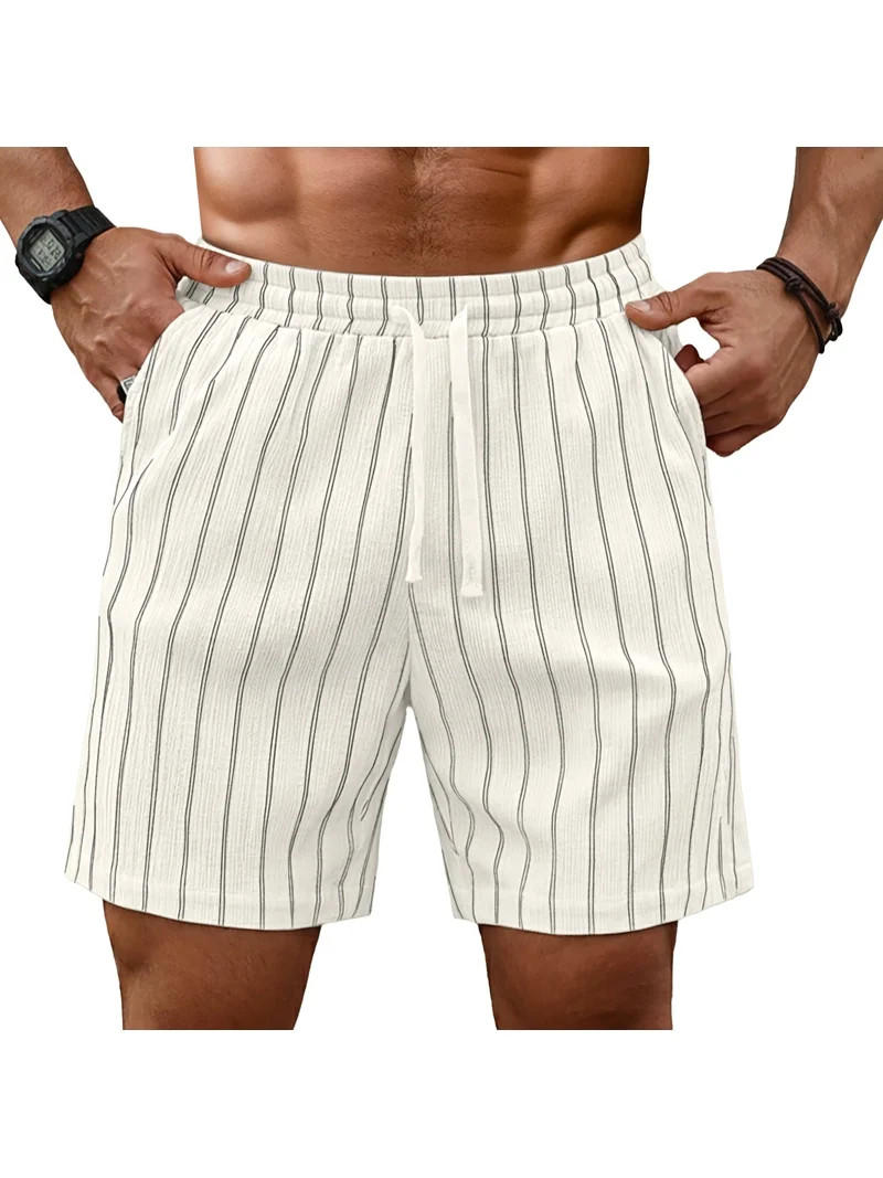 GIRUNS Mens Casual Shorts 7 Inch Striped Summer Beach Drawstring Elastic Waist Shorts with Pocket... | Walmart (US)
