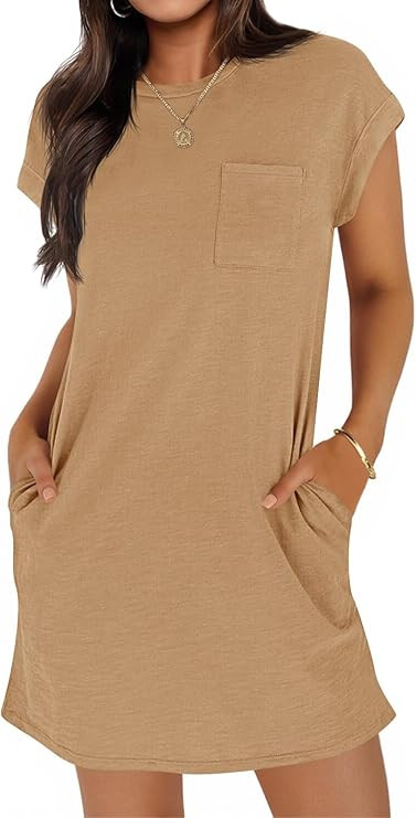 Wenrine Women's Summer T Shirt Dress Casual Short Sleeve Crewneck Loose Fit Mini Dresses with Poc... | Amazon (US)