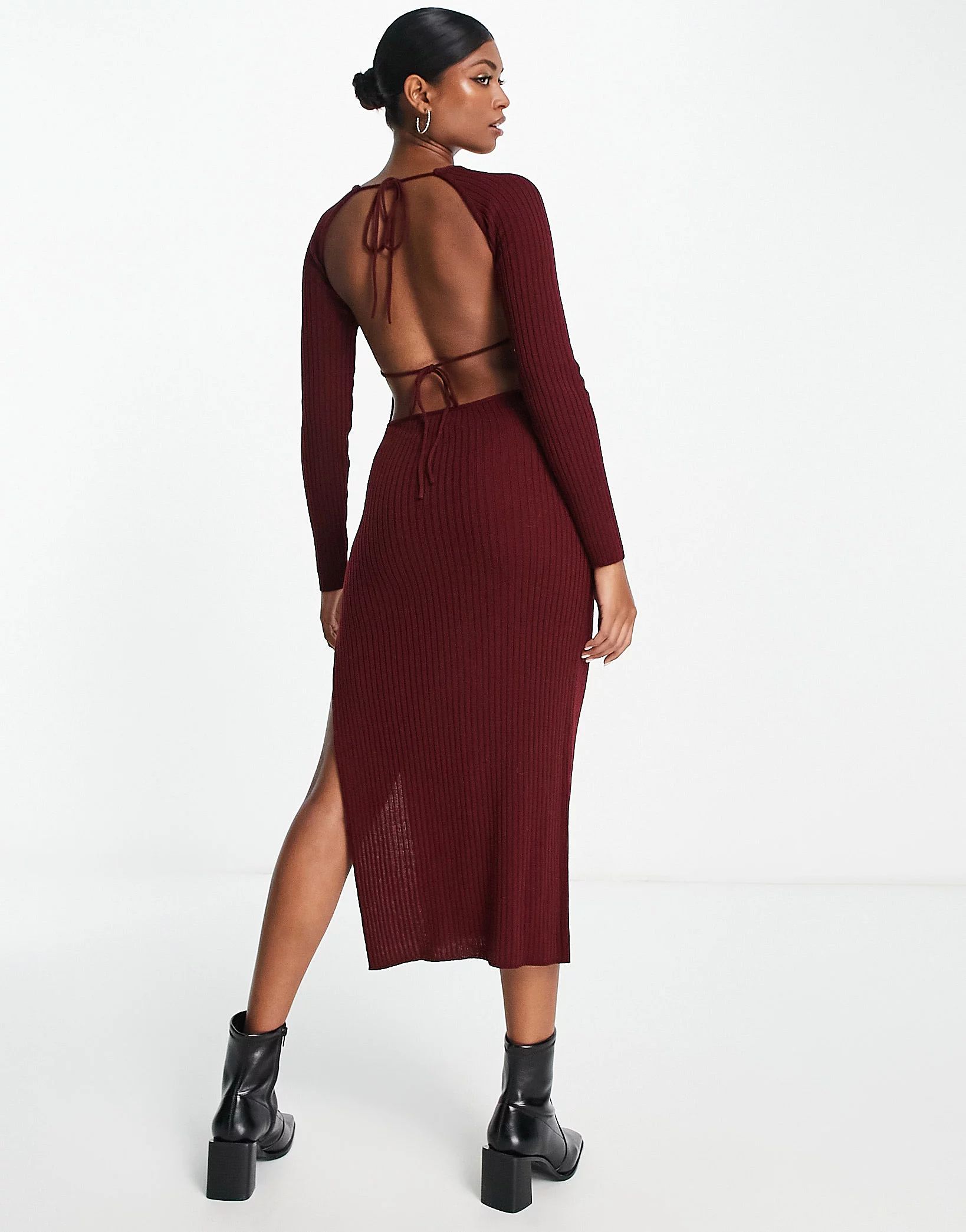 ASOS DESIGN knitted midi dress with tie back detail in dark red | ASOS (Global)