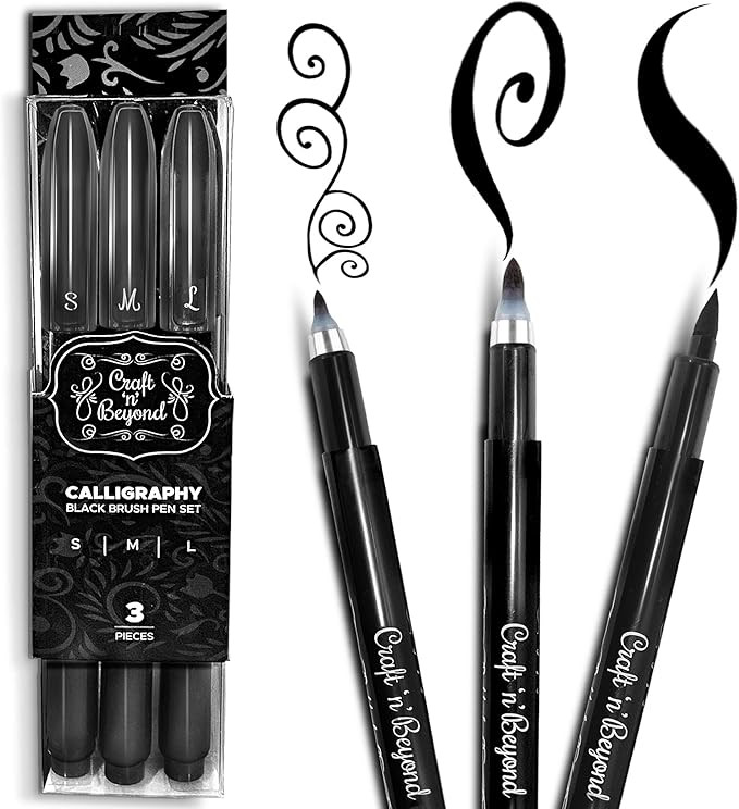 Craft 'n' Beyond Calligraphy Brush Pens Pack of 3 Small, Medium and Large Markers for Hand Letter... | Amazon (US)
