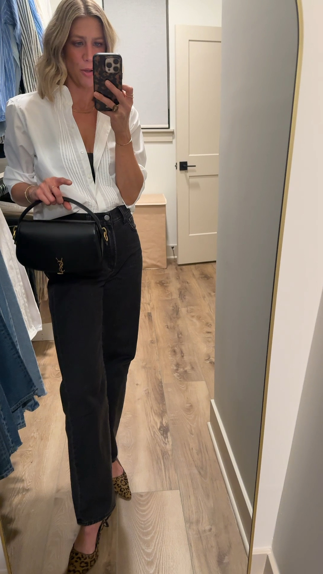 Wearing small tuxedo blouse, 25/regular jeans (sized down one), heels tts

#LTKOver40 #LTKFindsUnder100 #LTKStyleTip