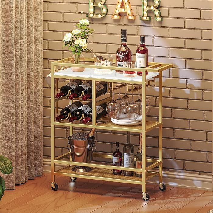 MAHANCRIS Bar Cart for Home, 3-Tier Serving Cart with Wheels and Handle, Beverage Cart with Wine ... | Amazon (US)