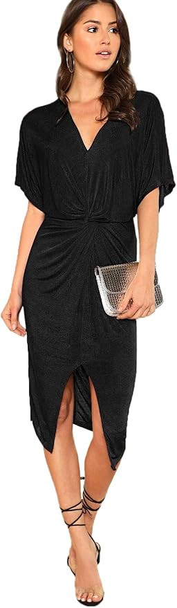 Floerns Women's Short Sleeve V Neck Twist Front Split Midi Dress | Amazon (US)