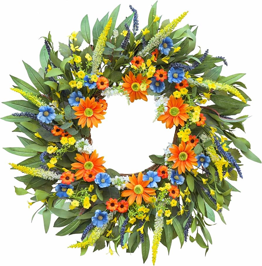 Summer Wreaths for Front Door, Soomeir Spring Wreath with Daisy and Lavender, 24 Inch Green Front... | Amazon (US)