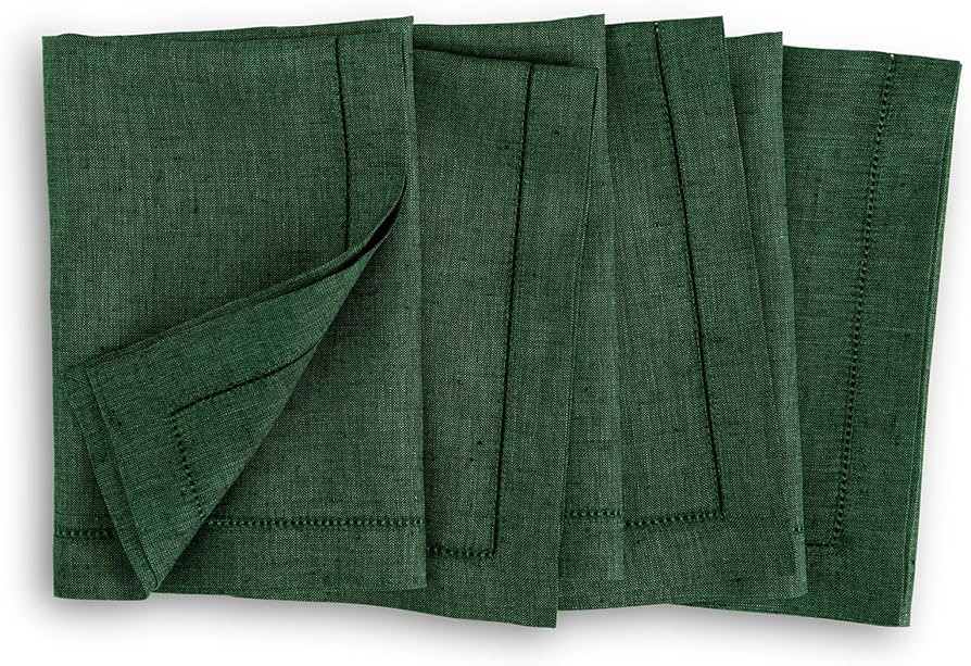 Solino Home Linen Napkins Set of 4 - Hemstitch 100% Pure Linen Forest Green Dinner Napkins Cloth ... | Amazon (US)