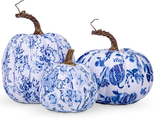 GnFlus Fake Pumpkin Decor 3 Pcs Faux Pumpkins Small Blue and White Velvet Pumpkins Mini Artificia... | Amazon (US)