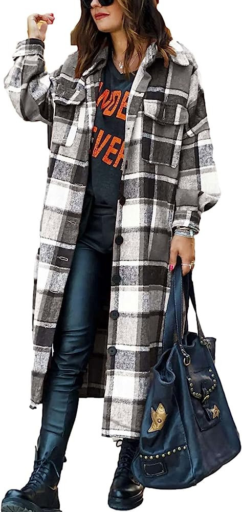 Ainangua Women's Casual Wool Blend Long Plaid Shirt Jacket Button Down Pocketed Shirt Shacket | Amazon (US)