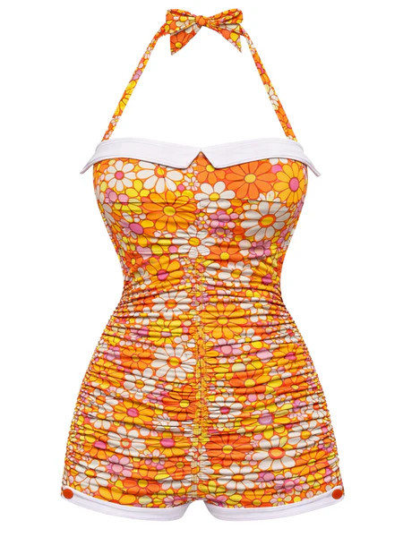 [Pre-Sale] Orange Gingham 1950s Halter Bowknot One-piece Swimsuit | Retro Stage