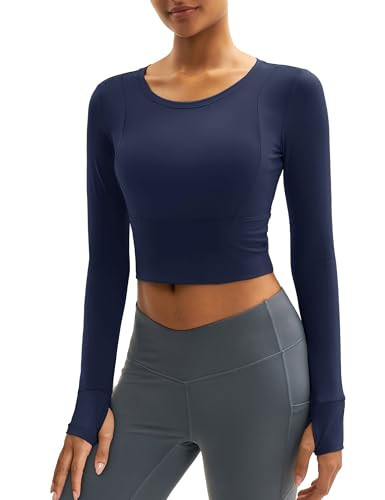 MAGCOMSEN Long Sleeve Shirts for Women Fitted Workout Crop Tops Basic Gym Yoga Fall Shirt Soft Moisture Wicking Navy S | Amazon (US)