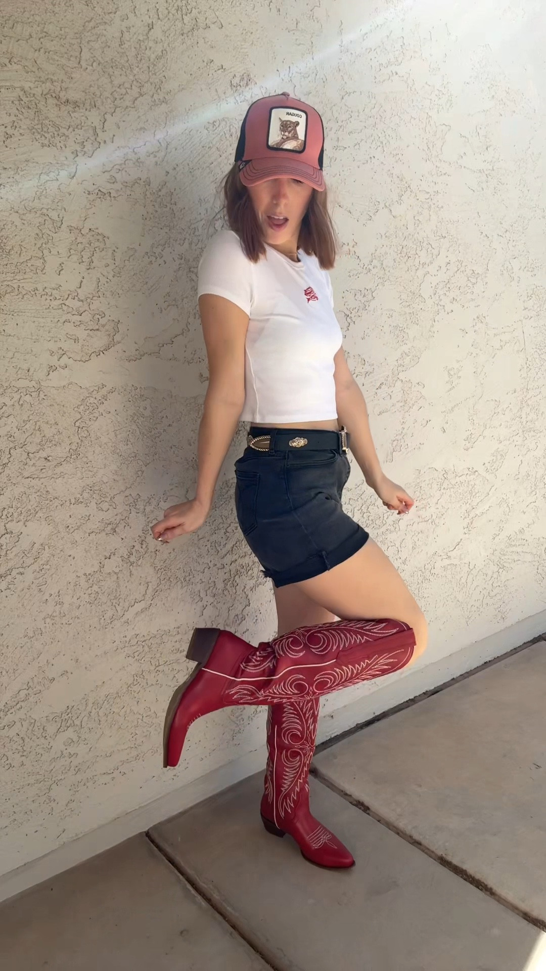 New boot goofin’ 😜 red cowboy boots!
Wearing size 7.5, so true to size, definitely wide calf or wide leg, friendly, does not slip off the foot very comfortable, goes all the way up to the knee! 

#LTKgrwm #LTKFindsUnder100 #LTKootd