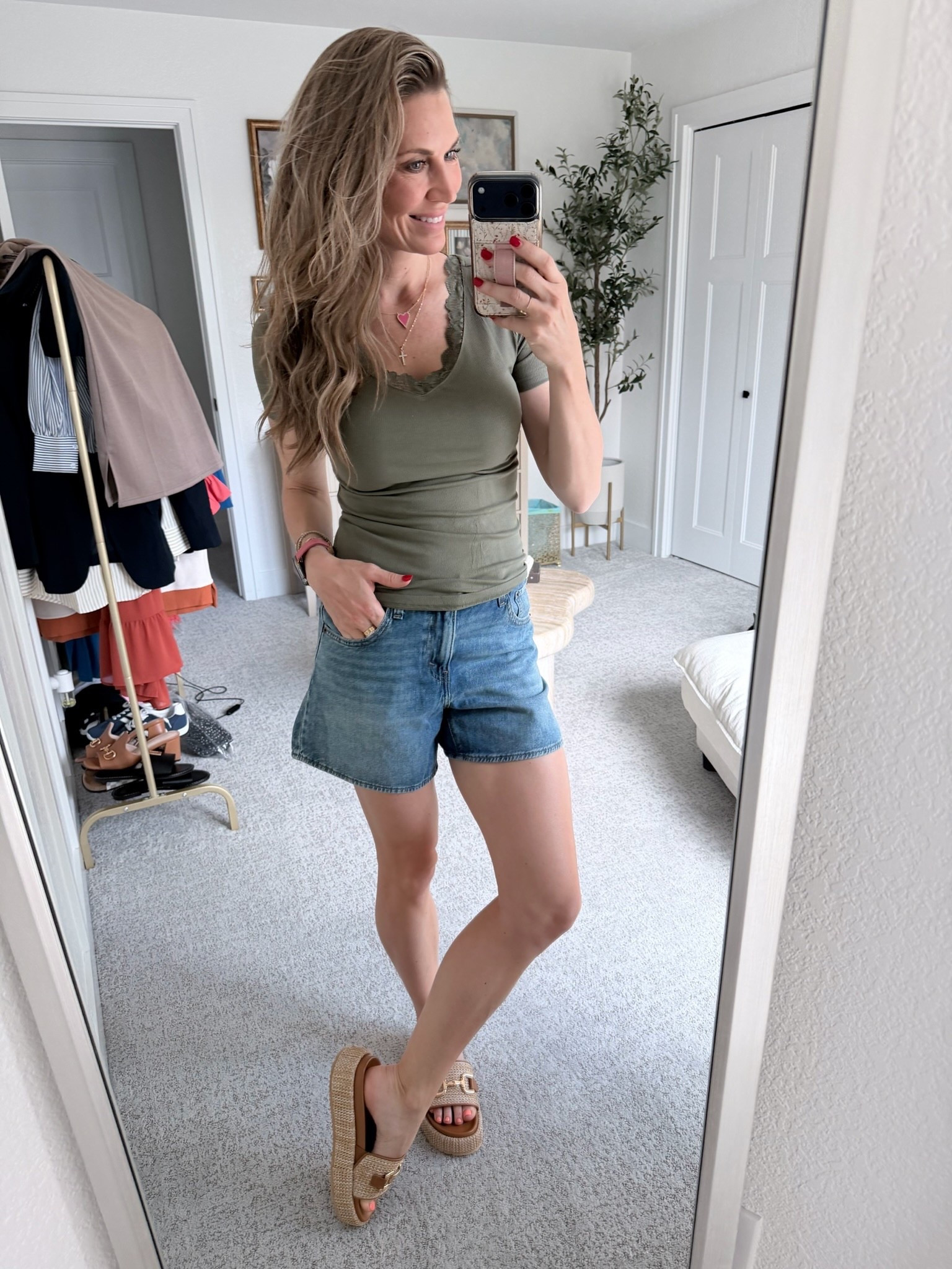 Olive + denim is always a good idea 🤍

This olive green scallop trim tee is one of those flattering basics that instantly elevates a casual outfit. I paired it with classic denim shorts and neutral platform sandals for an easy everyday summer look that’s comfortable but still put together.

If you’re looking for casual summer outfits, flattering everyday tops, denim shorts outfits, or easy mom style, this is such a good go-to combo. These are the pieces I reach for on repeat.

Linked my exact top, denim shorts, sandals, and similar styles in my LTK.

#ltkstyle #ltkfinds #summeroutfit #casualsummerstyle #denimshorts #everydayoutfit #momstyle #effortlessstyle

#LTKOver40 #LTKootd