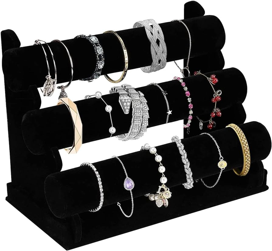 OSPNIEEK Velvet Bracelet Holder with 3 Tier Rack, Black Detachable Jewelry Display Stand T-Bar Ne... | Amazon (US)
