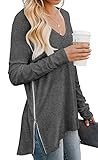 PrinStory Women's Casual V Neck Long Sleeve T Shirt Split Tunic Tops with Side Zipper Dark Gray-2XL | Amazon (US)