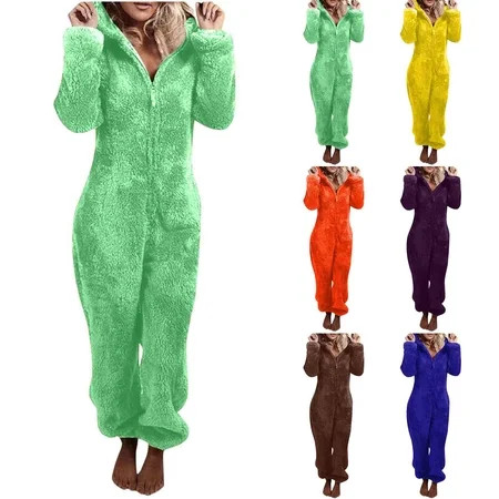 BiZtdJrK Hoy Oferta Flash Sherpa Jumpsuits for Women Fuzzy Long Sleeve Pajamas Cute Cat Ears Hooded Pajamas Winter Casual Zip Up Fleece Rompers Sleepwear Orange XXL | Walmart (US)