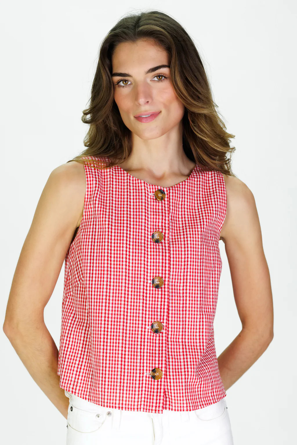 Della Top in Red Stitched Gingham | Duffield Lane
