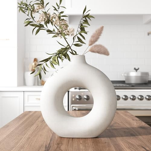 GarDream Cream White Donut Vase 9 Inch Hollow Ceramic Vase for Flowers Pampas Grass Home Decor, Modern Minimalist Boho Style Decorative Circle Vase for Living Room, Dining Tabletop, Office, Farmhouse | Amazon (US)