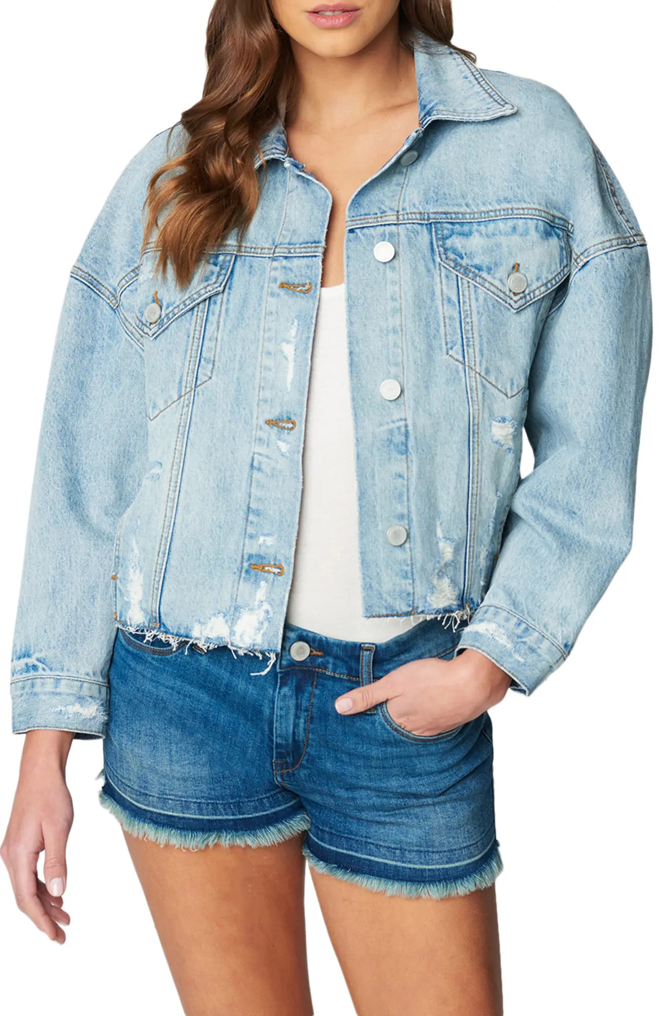 Women's Blanknyc Distressed Nonstretch Denim Trucker Jacket, Size Small - Blue | Nordstrom