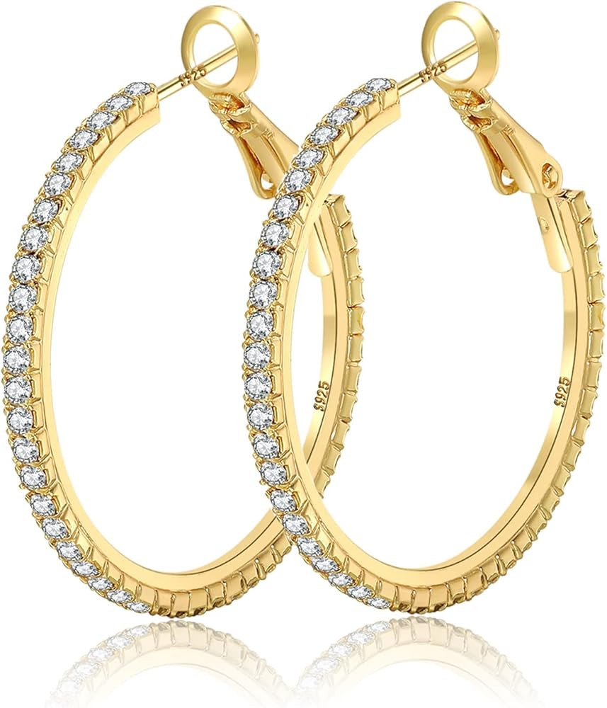 925 Sterling Silver Earrings Large Rhinestone Hoop Earrings Big Cubic Zirconia Hoop Earrings Thin... | Amazon (US)