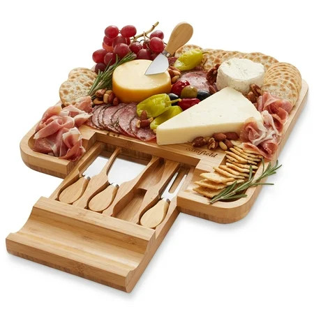 Casafield Organic Bamboo Cheese Cutting Board & Knife Gift Set - Wooden Serving Tray for Charcuterie Meat Platter Fruit & Crackers - Slide Out Drawer with 4 Stainless Steel Knives | Walmart (US)