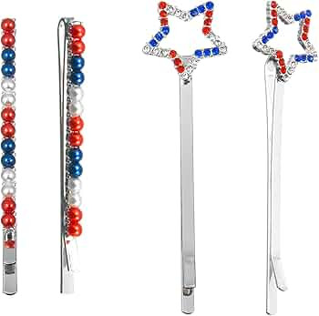 4th of July Patriotic Hair Clips Rhinestone hair pin Water droplets, stars Crystal Red White and ... | Amazon (US)