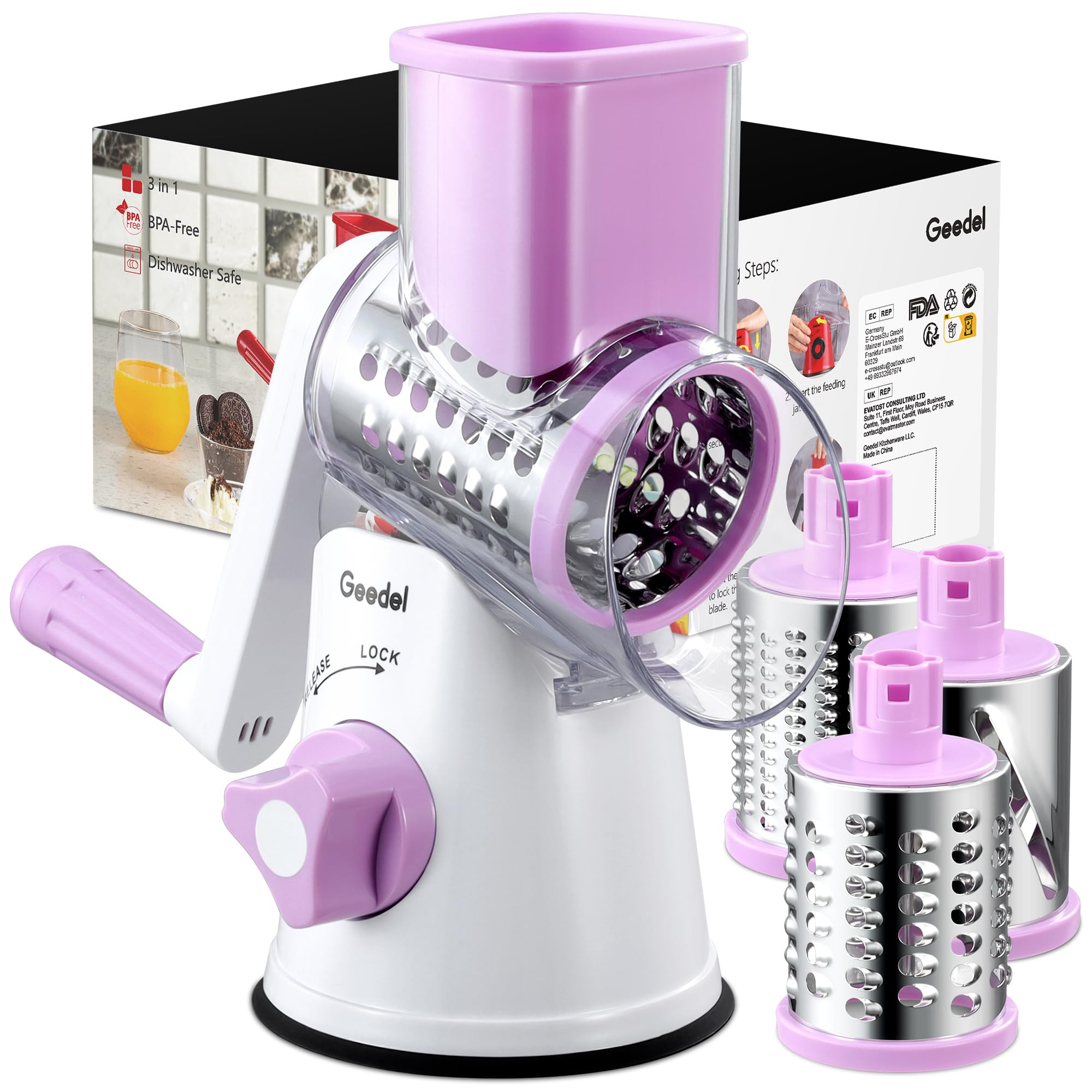 Geedel Rotary Cheese Grater, Kitchen Mandoline Vegetable Slicer with 3 Interchangeable Blades, Easy to Clean Rotary Grater Slicer for Fruit, Vegetables, Nuts | Amazon (US)