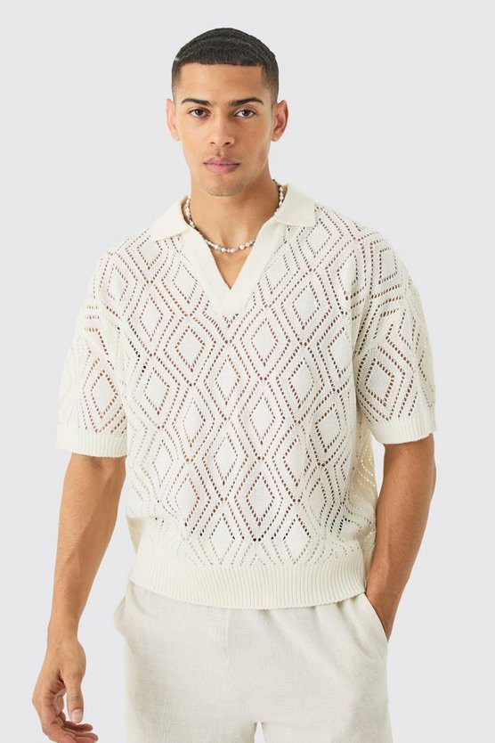 Short Sleeve Boxy Fit Revere Open Knit Polo In Ecru | boohooMAN (US & Canada)