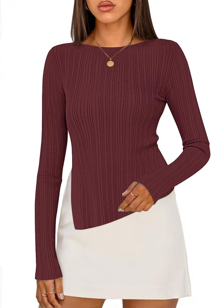 MEROKEETY Women's Fall Long Sleeve Sweater Tops 2025 Boat Neck Ribbed Asymmetric Lightweight Knit... | Amazon (US)