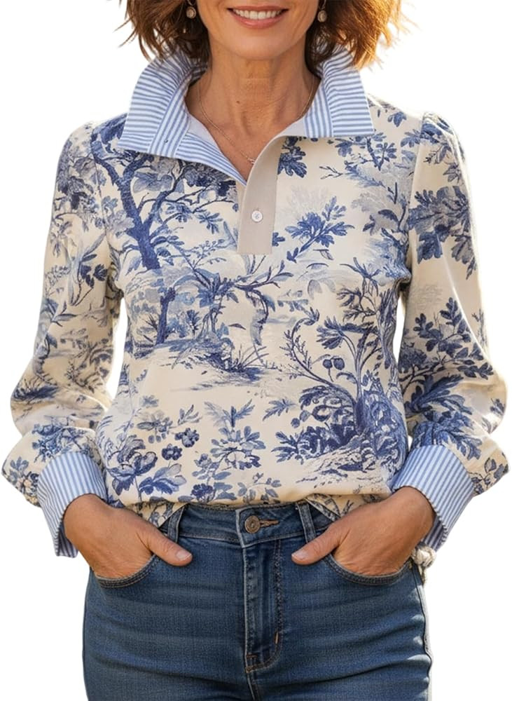 Women's Stand Ruffle Collar Blouse Long Sleeve Vintage Boho Floral Print Spring Dressy Shirts | Amazon (US)