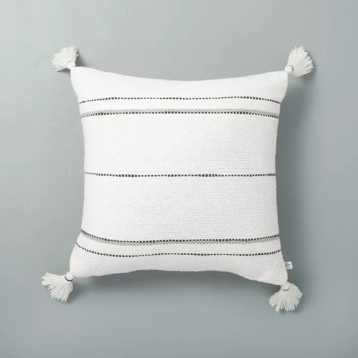 18" x 18" Dotted Stripes with Tassels Throw Pillow Sour Cream/Gray - Hearth & Hand™ with Magnol... | Target