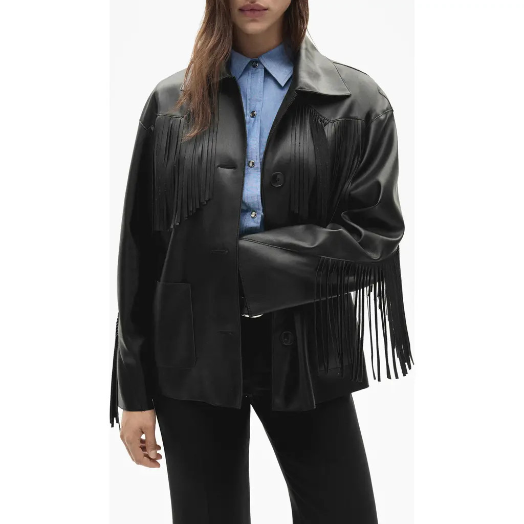 MANGO Fringe Trim Faux Leather Jacket in Black at Nordstrom, Size 4 | Nordstrom