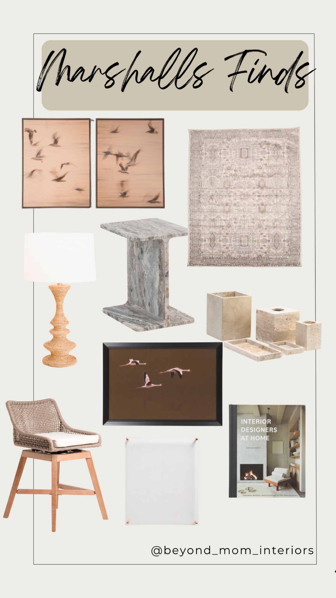 New Marshall’s Finds

Area rug/side table/ marble table/ wall art/ counter stools/ decorative books/ furnituree

#LTKFamily #LTKHome #LTKStyleTip