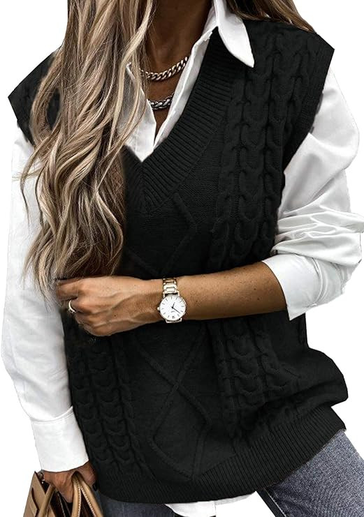 HOTAPEI Sweater Vest Women Oversized V Neck Sleeveless Sweaters Womens Cable Knit Tops | Amazon (US)