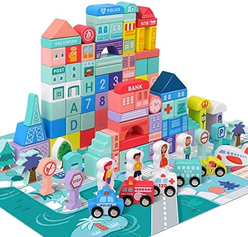 XIAPIA Wooden Building Blocks Set, City Construction Stacker Stacking Block , Preschool Education... | Amazon (US)